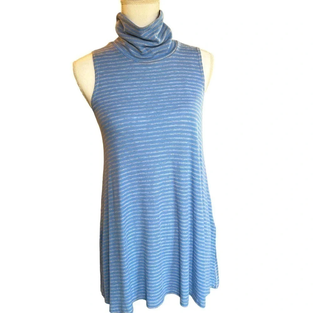 ANTHROPOLOGIE PUELLA BLUE‎ & GRAY STRIPED MOCK NECK SLEEVELESS TUNIC TOP MEDIUM